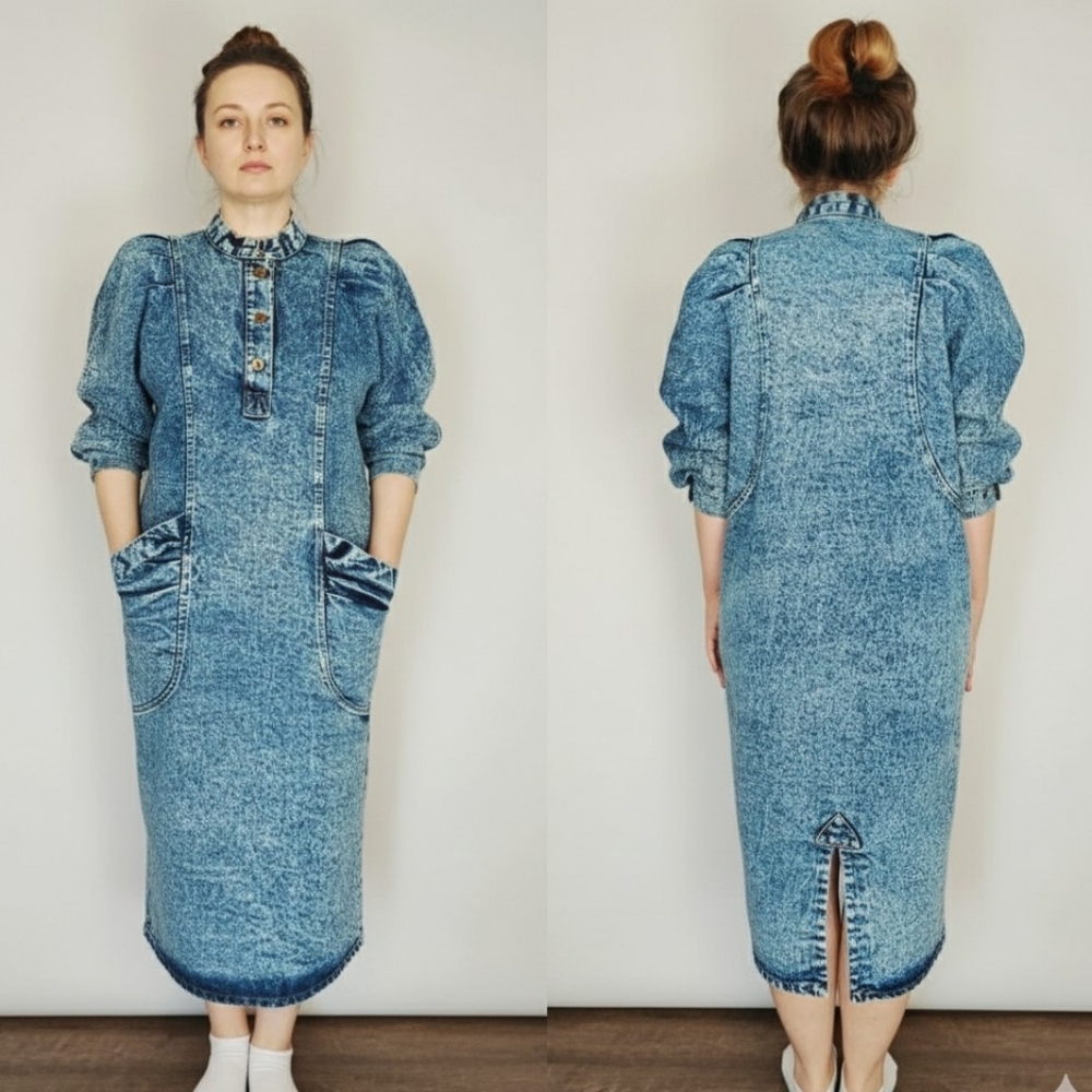 VTG 80s ACID WASH Denim Dress Doloman Puffy Sleeves Midi Sz 8-10